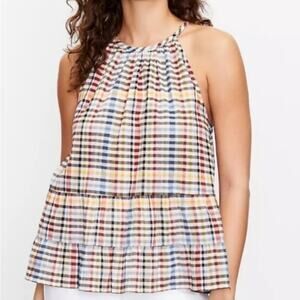 Loft Plaid Stripe Tiered Peplum Tank Top Blouse XS Multicolor Beige High Neck‎